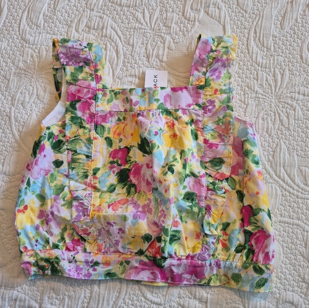 Janie and Jack girls size 4 floral tank top ruffle front, full back buttons NEW